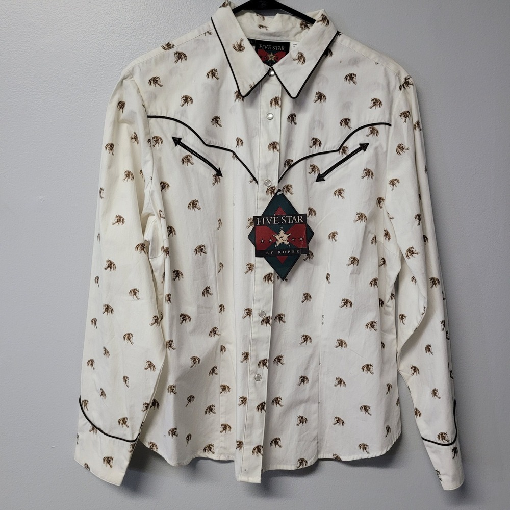 Five Star Womens Western Shirt XL White Horse Print Pearl Snap Long Sleeve Roper